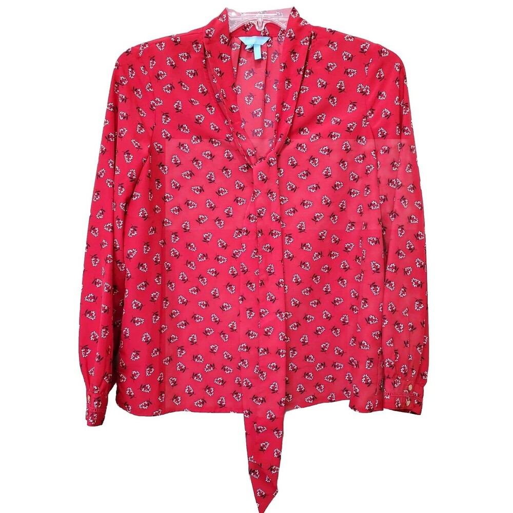 Draper James Red Floral Print Tie-Neck Long Sleeve Blouse Size Medium